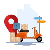Delivery Concept. Scooter with Box or package and Location Mark. Package delivery. Box. E-commerce template, fast delivery service, package delivery. flat illustration on background. vector