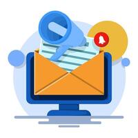 Digital marketing concept, email marketing. Envelope with Documents and Megaphone. send email letters and view graphs, manage financial income. Online Marketing Concept. flat illustration. vector