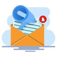 Digital marketing concept, email marketing. Envelope with Documents and Megaphone. send email letters and view graphs, manage financial income. Online Marketing Concept. flat illustration. vector