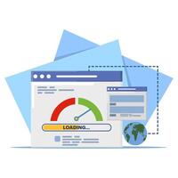 pc load time speedometer software tool concept for download score. Website internet page loading speed or seo optimization laptop computer website performance test check flat icon. vector