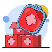 Concept of donating blood to save life in emergency accident. Charity and generosity, kindness. Activists and volunteers. Blood sac. voluntary charitable donations and ready to donate blood. . vector