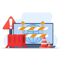 Website Under Maintenance Concept. Laptop with Repair Tools and Warning Sign. Software System Under Maintenance. Website Errors, Web Page Development and Application Updates. vector