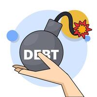 Debt concept. The exploding fireball of debt is like a financial time bomb. financial obligations or loan payments, heavy burden due to failure of money, mortgage or borrowed money. flat . vector