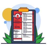 Job Recruitment Concept, Cv on Clipboard with Magnifying Glass. Corporate jobs, looking for qualified candidates. magnifying glass CV data on clipboard, selecting recruitment for interview. vector