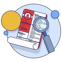 Job Recruitment Concept, Cv on Clipboard with Magnifying Glass. Corporate jobs, looking for qualified candidates. magnifying glass CV data on clipboard, selecting recruitment for interview. vector