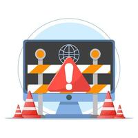 Website Under Maintenance Concept. Laptop with Repair Tools and Warning Sign. Software System Under Maintenance. Website Errors, Web Page Development and Application Updates. vector