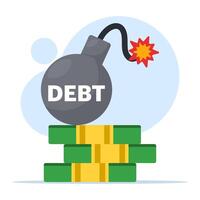 Debt concept. The exploding fireball of debt is like a financial time bomb. financial obligations or loan payments, heavy burden due to failure of money, mortgage or borrowed money. flat . vector