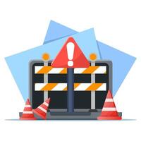 Website Under Maintenance Concept. Laptop with Repair Tools and Warning Sign. Software System Under Maintenance. Website Errors, Web Page Development and Application Updates. vector