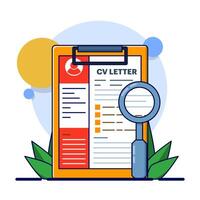 Job Recruitment Concept, Cv on Clipboard with Magnifying Glass. Corporate jobs, looking for qualified candidates. magnifying glass CV data on clipboard, selecting recruitment for interview. vector