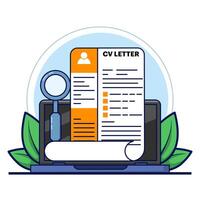 Job Recruitment Concept, Cv on Clipboard with Magnifying Glass. Corporate jobs, looking for qualified candidates. magnifying glass CV data on clipboard, selecting recruitment for interview. vector