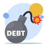 Debt concept. The exploding fireball of debt is like a financial time bomb. financial obligations or loan payments, heavy burden due to failure of money, mortgage or borrowed money. flat . vector