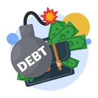 Debt concept. The exploding fireball of debt is like a financial time bomb. financial obligations or loan payments, heavy burden due to failure of money, mortgage or borrowed money. flat . vector