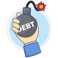 Debt concept. The exploding fireball of debt is like a financial time bomb. financial obligations or loan payments, heavy burden due to failure of money, mortgage or borrowed money. flat . vector