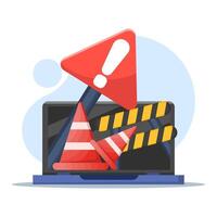 Website Under Maintenance Concept. Laptop with Repair Tools and Warning Sign. Software System Under Maintenance. Website Errors, Web Page Development and Application Updates. vector