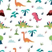 seamless childish pattern with colorful dinosaurs, vulcan, and palm tree. Can be printed and used as wrapping paper, wallpaper, fabric, textile, background, etc vector