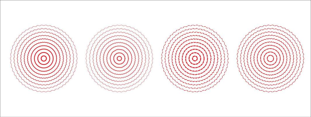 Set of red sound wave rings, of wavy lines, intermittent zigzag lines and dots . Rings with radial lines. Target icon, epicenter. Concentric vortex circles. illustration on transparent background
