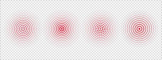 Set of red sound wave rings, of lines, linear dashes. Rings with radial lines. Target icon, epicenter. Concentric vortex circles. illustration vector