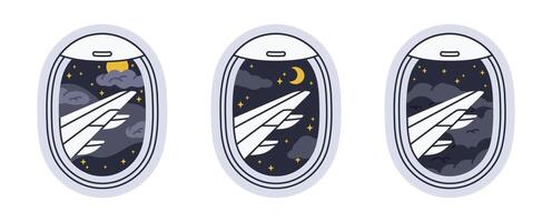 Flying airplane portholes. Aircraft windows with night cloudy sky plane window view flat illustration set. Airplane travel windows collection vector