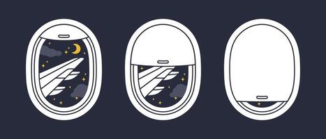 Open and closed airplane windows. Flying aircraft portholes with sky and clouds plane window view flat illustration set. Hand drawn plane travel skyscapes vector