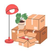 Hand drawn moving boxes. House carton boxes with personal stuff, cardboard boxes with pot plant, books and lamp flat illustration. Moving boxes on white vector