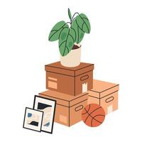 Moving cardboard boxes. Carton boxes full of personal stuff, things in stacked carton boxes flat illustration. House moving boxes vector