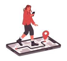 Woman using map application. Mobile navigation app on smartphone screen, girl searching location with gps position marker, online city urban map flat illustration. Navigation app concept vector