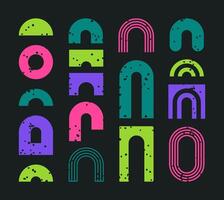 Brutalist y2k arch shapes. Abstract geometric figures, arch, oval and rainbow shapes, contemporary Y2K design shapes flat illustration set. Bauhaus aesthetic elements bundle vector