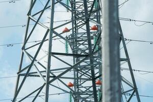 High voltage towers with sky background. Power line support with wires for electricity transmission. High voltage grid tower with wire cable at distribution station. Energy industry, energy saving photo