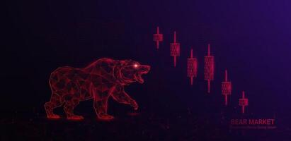 Red bear shapes polygon facing each candlestick. Stock market trends chart are lower. Pessimism prices going down. Analysis business strategy financial investment. On world map and arrow. . vector