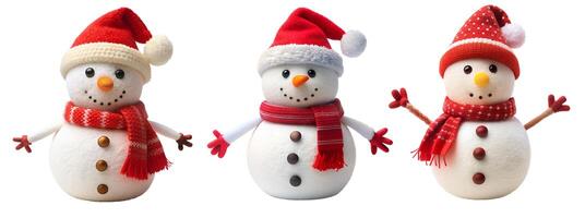 A set of miniature snowmen figures on a white background. photo