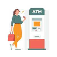 Woman standing use card to withdraw cash and check amount of money from atm machine concept illustration vector