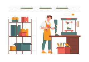 Engineer designer making prosthetic leg using printing process on the 3D printer garage workshop concept illustration vector