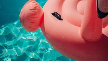 A pink inflatable flamingo is floating in a pool. The water is clear and calm. The flamingo is the main focus of the image, and it is enjoying its time in the water. photo
