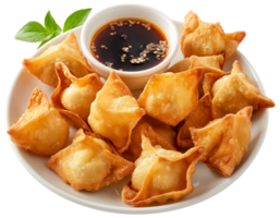 Jiaozi Food Clipart - Crispy Wontons with spicy souse isolated illustration on a transparent background png