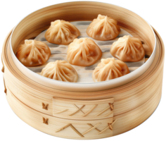 Delicious dim sum in a bamboo steaming basket isolated illustration on a transparent background png