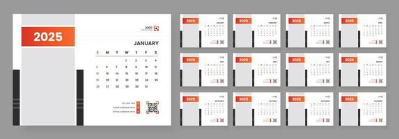Desk calendar design template 2025, Monthly planner design in corporate and business style, Week start on Sunday vector