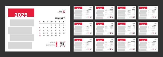 Desk calendar design template 2025, Monthly planner design in corporate and business style, Week start on Sunday vector