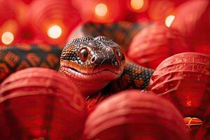 Reptile, snake peeks out among the red Chinese lanterns. Eastern symbol of Chinese New Year. Background, greeting card, invitation, calendar design photo