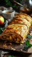 Delicious apple strudel on a wooden board, with a golden flaky crust and warm apple filling. A cup of tea and fresh apples in the background, creating a cozy, welcoming atmosphere. photo