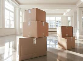 stack of empty cardboard moving boxes stands in an empty, bright, modern room. photo