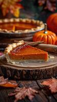 slice of homemade pumpkin pie sits on a rustic wooden board, surrounded by autumn leaves and small pumpkins. Cozy fall atmosphere. Vertical image photo