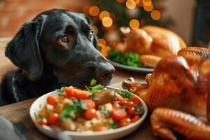 Serving the Thanksgiving table. A black dog looks with appetite at the symbol of the holiday - a hot delicious baked turkey with a golden crust and a plate of salad. photo
