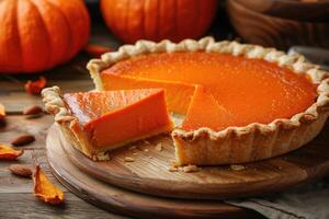 Appetizing pumpkin pie with a cut piece on a wooden board. Menu, recipe for Thanksgiving. Traditional autumn baking photo