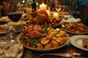 Served holiday table with various dishes for Thanksgiving Day. Baked potatoes with turkey on a plate, a glass of red wine. Set table, catering awaiting guests photo