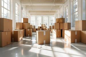 Relocation concept. Empty modern room with scattered cardboard boxes for moving photo