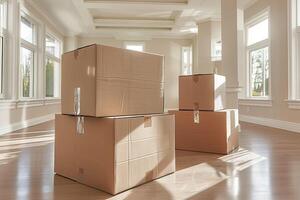Empty apartment Room with a stack of cardboard boxes. The concept of moving to a new house, premises. Interior of an empty apartment. photo