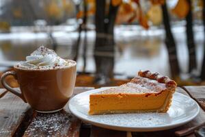 A piece of delicious pumpkin pie on a plate with aromatic cocoa hot chocolate and cream. Snack in the fresh air on the open terrace of a cafe in an autumn park photo