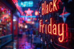 A neon sign with the inscription Black Friday burns with bright lights on the night street. Concept of seasonal discounts, promotions, shopping and big sales photo