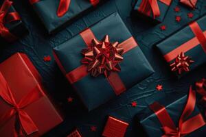 Chic background with luxury black gift box with red ribbon. Background for a postcard, flyer or advertisement symbolizing discounts, promotions and sales. photo