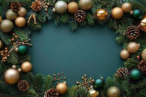 Festive Christmas frame with evergreen fir branches decorated with pine cones, New Year's decorative balls with copy space. Christmas, New Year background for congratulations photo